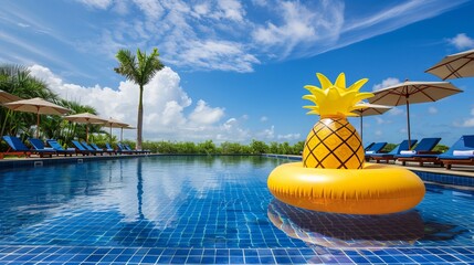 A vacant rectangular blue swimming pool with sun loungers and umbrellas, large inflatable yellow pineapple floating tube. Renting real estate or enjoying a relaxing summer vacation at a luxury resort