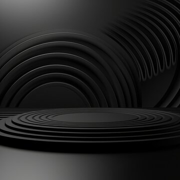 Black 3D render, abstract background with two perfect concentric circles on the right side of the canvas, simple and minimalistic design, black color palette, circular shapes, high resolution with cop