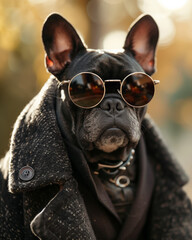A fashionable Bulldog dog posing as a stylish model, dressed classy, chic and elegant