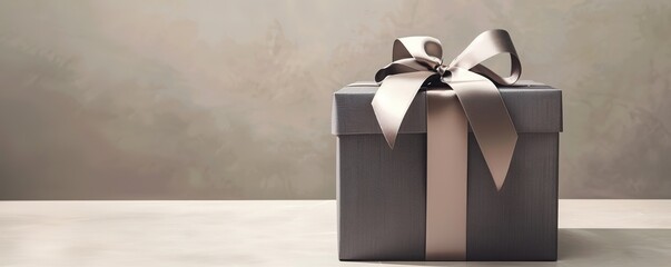 Elegant gift box with satin ribbon on a neutral background.