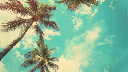 Poster Stylized and vintage-toned palm trees against a blue sky, depicting tropical coastal scenery, ideal for summer themes © Orxan