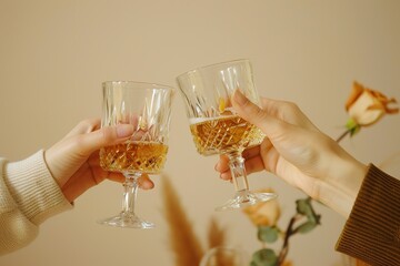 Two hands clinking cut crystal champagne glasses.