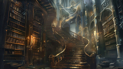 Dark fantasy library stairs in gloomy cathedral design - Powered by Adobe