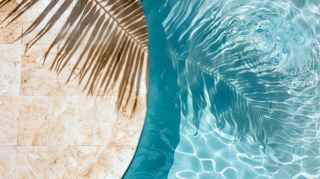 Top-down view of a swimming pool background, with a water ring and the shadow of a palm on travertine stone