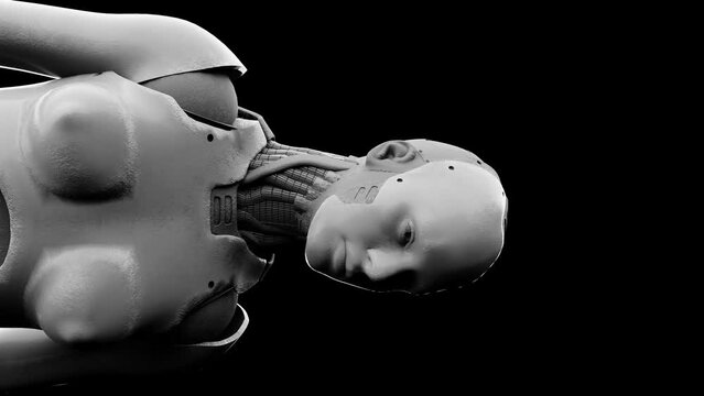vertical humanoid robot prototype cyborg turning face head to the side on black background 
