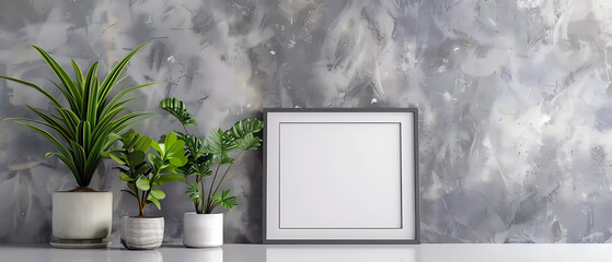 Empty picture frame and small pottet plants. Generative ai design concept art.