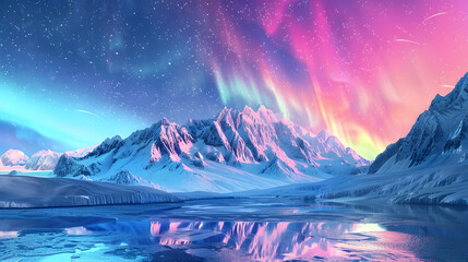 Magnificent mountain peaks background illuminated by the colorful Northern Lights on a quiet night - obrazy, fototapety, plakaty