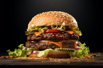 Hamburger on a dark background. 3D Rendering.