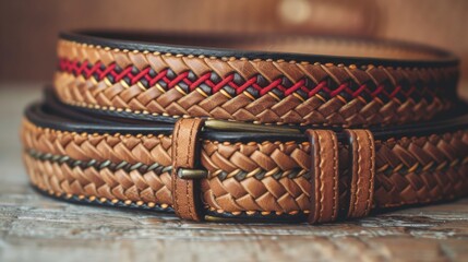 Blank mockup of a braided leather belt with colored thread accents . - obrazy, fototapety, plakaty