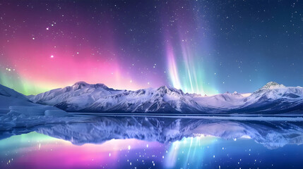 Fototapeta premium Magnificent mountain peaks background illuminated by the colorful Northern Lights on a quiet night