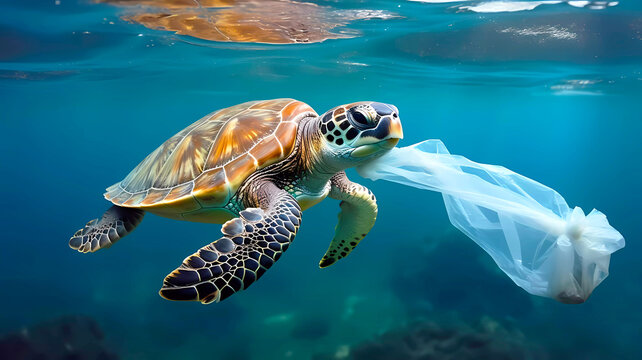 Sea turtle mistake consume plastic bag. Generative ai design concept art.
