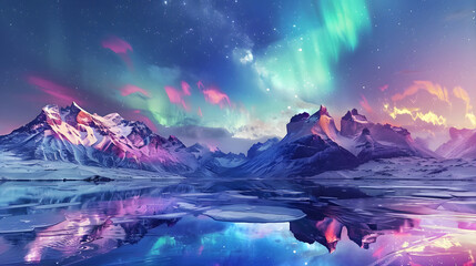 Magnificent mountain peaks background illuminated by the colorful Northern Lights on a quiet night