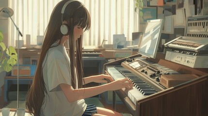 A Hand-Drawn Illustration Of A Woman Using Headphone While Playing A Piano In A Room. - obrazy, fototapety, plakaty