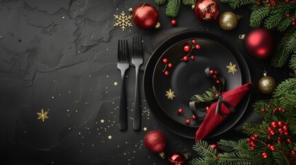 Black plate with red napkin and utensils - Powered by Adobe