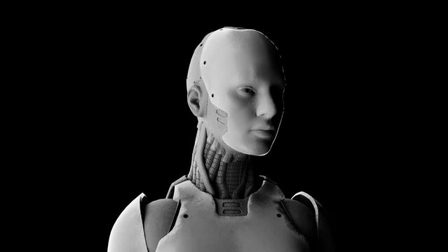humanoid robot prototype cyborg turning face head to the side on black background 