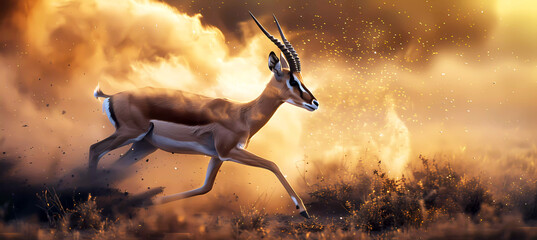 Gazelle running in savanna at sunset. Generative ai design concept art. - obrazy, fototapety, plakaty