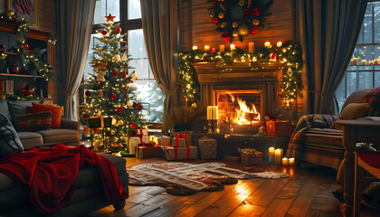 Interior living room with fireplace and christmas decoration. Generative ai design concept art.