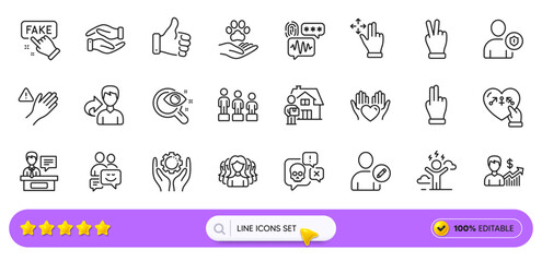 Cyber attack, Dont touch and Fake information line icons for web app. Pack of Security, Pets care, Delivery man pictogram icons. Hold heart, Vision test, Communication signs. Search bar. Vector