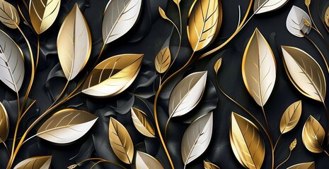 Luxury black and golden 3d interior mural floral wallpaper design. White and golden tree leaves with 3d geometric illustration background, Generative AI