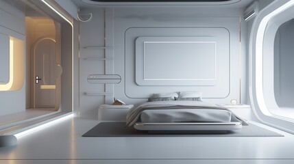 A Futuristic, Sleek Minimalist Bedroom With A Blank Banner On The Wall.