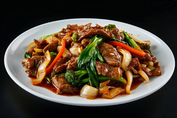 Savory beef stir-fry with vegetables on white plate