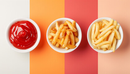 Colorful fast food concept with fries and ketchup