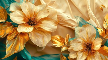 golden floral background, abstract vintage flower design, mural art, gold nature, floral wallpaper background, Generative AI