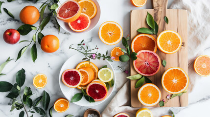 Fresh citrus fruits assortment on kitchen table