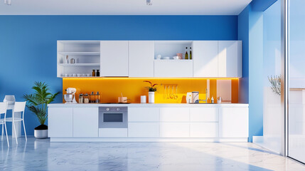 A minimalist kitchen with a vibrant, cobalt blue backsplash and sleek, white cabinets, surrounded by colorful accents and plenty of copy space.