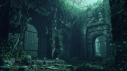 Dark mysterious ruin of a fantasy medieval temple 
