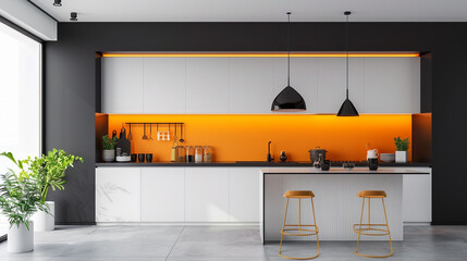 A minimalist kitchen with a vibrant, tangerine orange backsplash and crisp, white cabinets, surrounded by colorful accents and ample copy space.