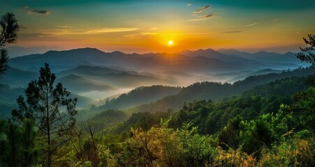 The warm glow of the rising sun casts a peaceful atmosphere over the mountain range. The rhythmic...