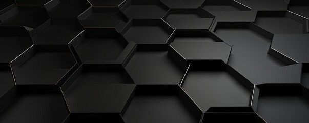 Black background with hexagon pattern, 3D rendering illustration. Abstract black wallpaper design for banner, poster or cover with copy space for photo text or product, blank empty copyspace.  - obrazy, fototapety, plakaty