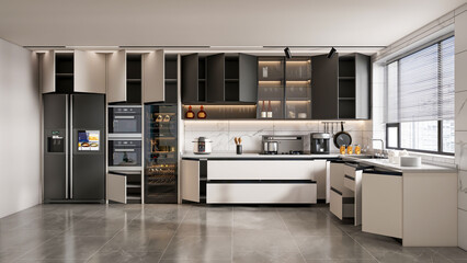3d rendering modern kitchen fully parametric manufacturable with opened shelf cabinets