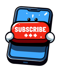 Illustration of a cute cell phone holding a button with the word SUBSCRIBE