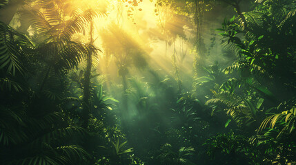 Dark rainforest sun rays through the trees rich jungle