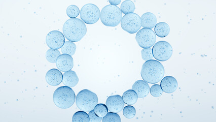 3D rendering of blue liquid bubbles forming a circular frame on a white background