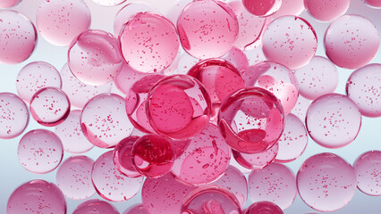 3D rendering of pink skincare serum bubbles. Beauty and skincare concept. Design for cosmetic backgrounds, beauty product wallpapers, or health and wellness content.