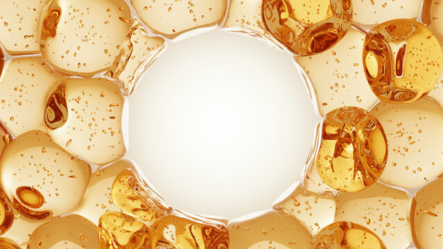 3D rendering of golden honey-like bubbles forming a circular frame on a light background. I(mage for health, or beauty product design with central copy space.