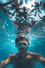 Swimmer with headgear having fun taking underwater selfie in azure swimming pool