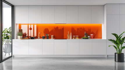 A minimalist kitchen with a vibrant, tangerine orange backsplash and crisp, white cabinets, surrounded by colorful accents and ample copy space.