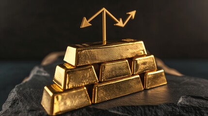 Fototapeta premium A Rising Line Arrow Graph With A Stack Of Gold Bars On A Black Background. 