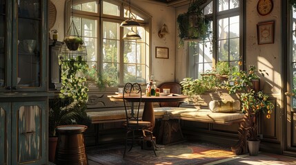 Fototapeta na wymiar A charming breakfast nook bathed in morning sunlight, with a cozy banquette and bistro-style table set against a backdrop of windows overlooking a tranquil garden, offering a perfect spot 