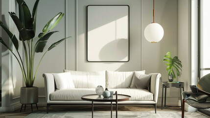 Fototapeta na wymiar A minimalist interior setting accentuated by a striking poster frame, adding visual intrigue.