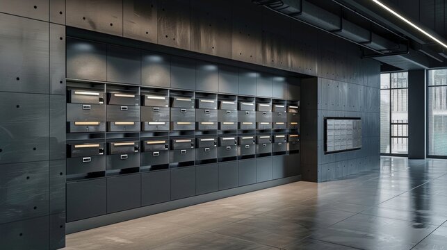 Blank mockup of a tiered mailbox system ideal for a large office building or inium. .