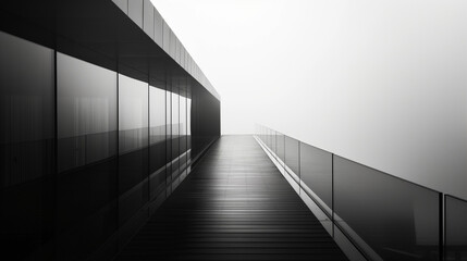 Foto in bianco e nero. Tranquillità. Nebbia ed edificio moderno. Composizione.