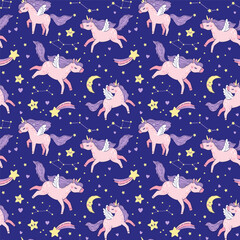 Fototapeta premium Vector seamless pattern of pink magical unicorns on the starry sky. Hand drawn illustration of an unicorns, a constellation, and crescent moon on dark blue background. Print on children's fabric