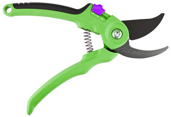 Green garden secateur isolated on a transparent background. Pruning shears. Top view.