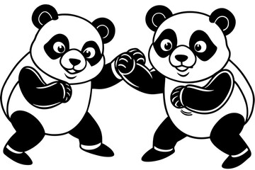 Panda fight coloring page vector silhouette 