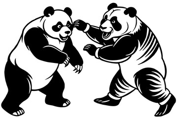 Panda fight coloring page vector silhouette 